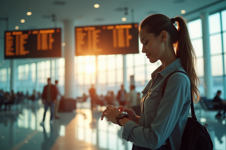 Voyageur ajustant sa montre à l'aéroport en pleine lumière naturelle