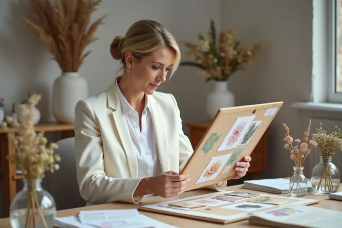 Wedding planner professionnelle présentant un moodboard de tendances mariage avec échantillons de tissus et arrangements floraux