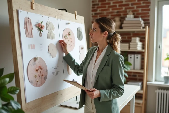 Wedding planner professionnelle analysant un tableau de planification de mariage avec échantillons de tissus et palettes de couleurs dans un studio moderne